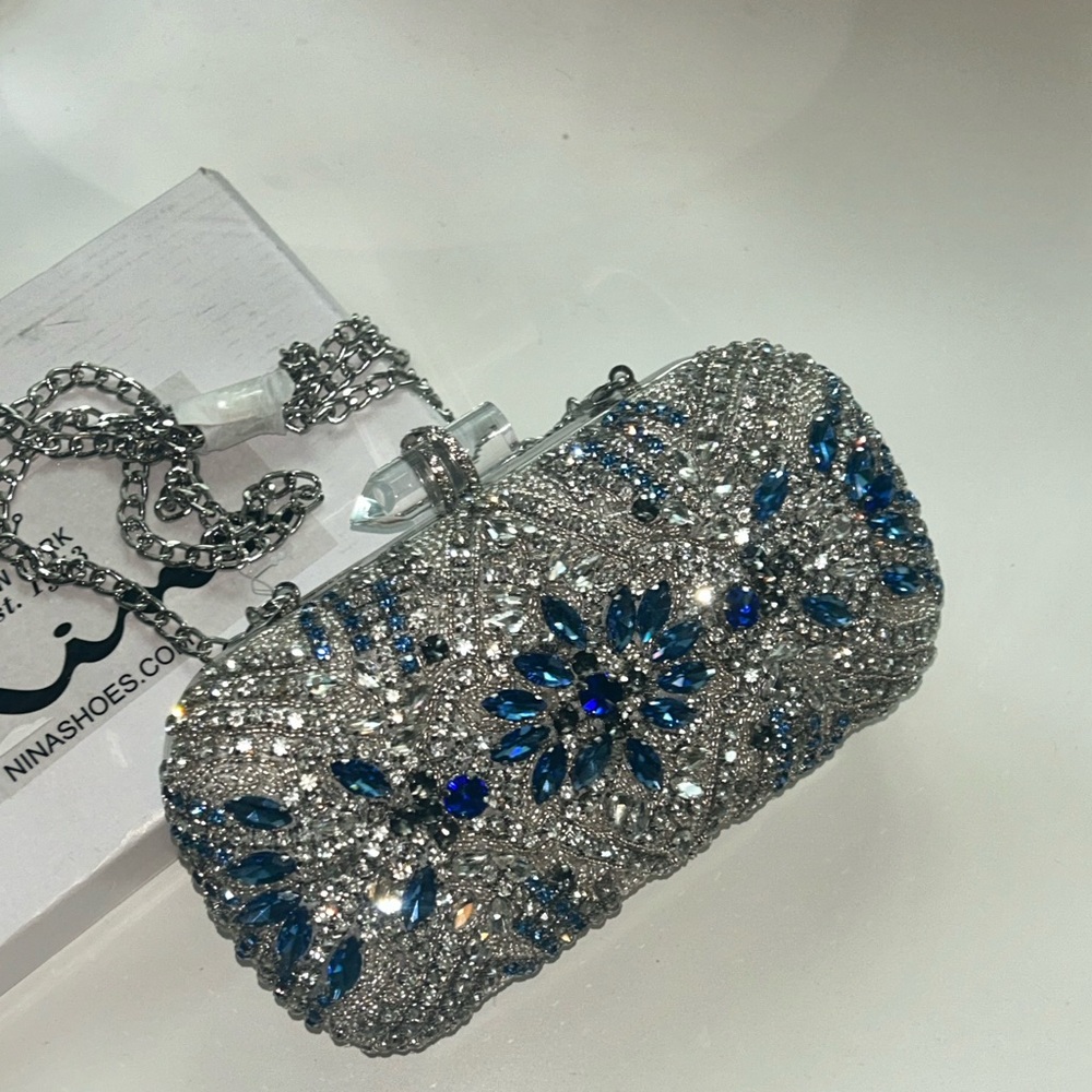 Nina Silver and Blue Embellished Clutch